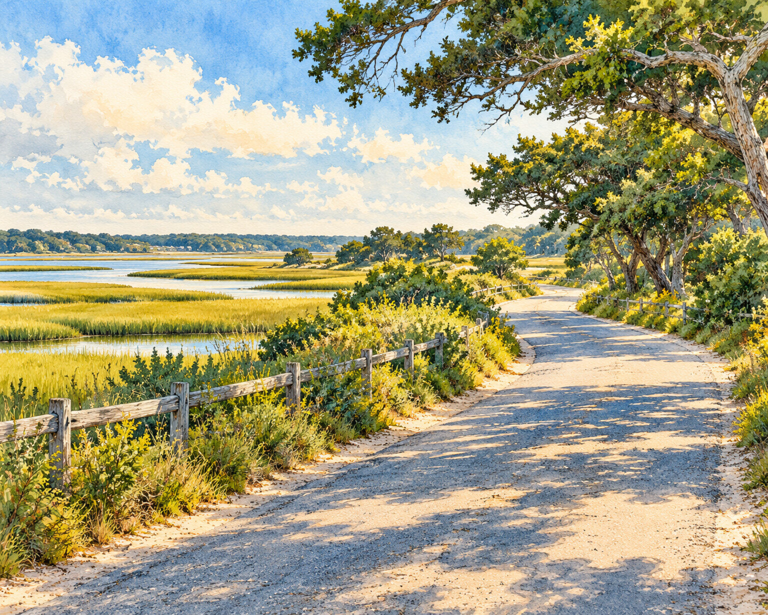 Illustration of a sandy road beside coastal marsh