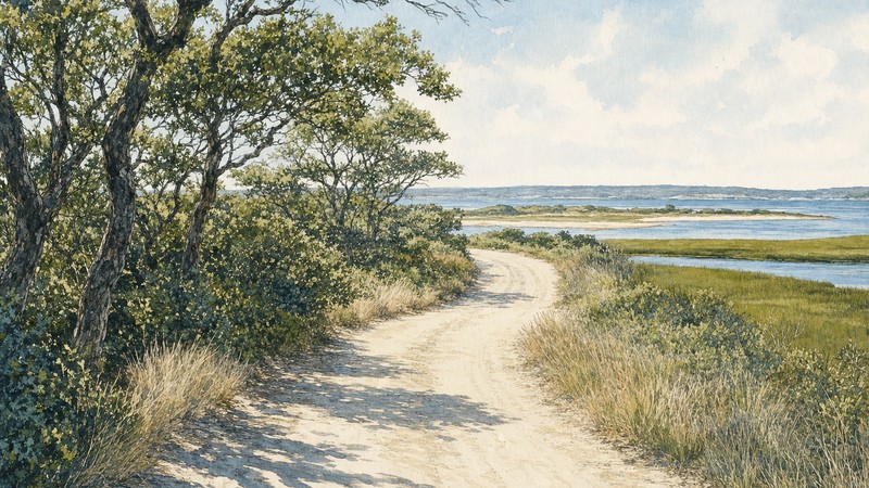 Illustrative Chappaquiddick sandy road beside salt marsh and coastal scrub