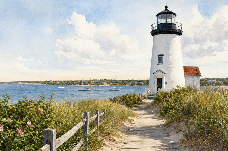 Edgartown lighthouse and harbor scene