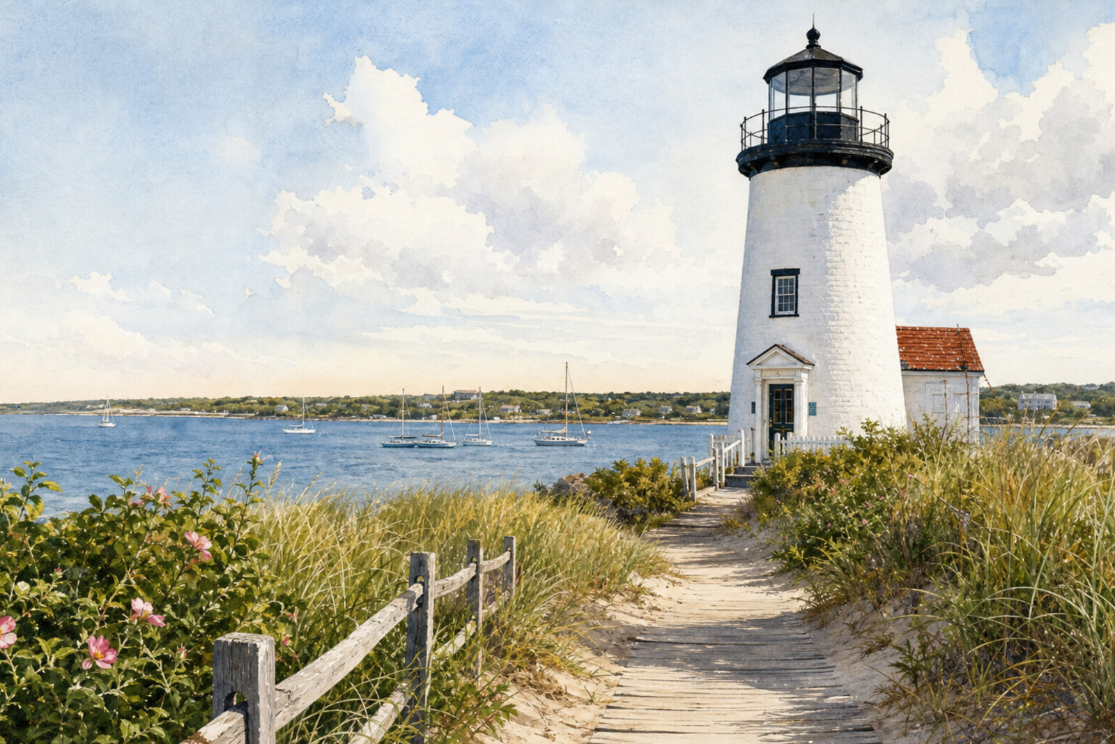 Edgartown lighthouse and harbor scene