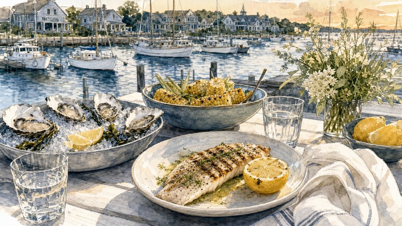 Illustrative Martha's Vineyard seafood table with oysters, fish, corn, and harbor boats