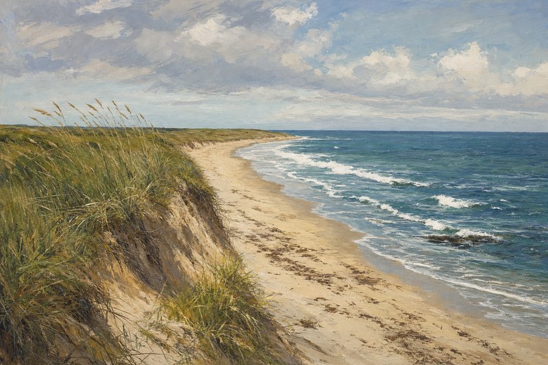 Illustration of a grassy sandy bank above an ocean beach