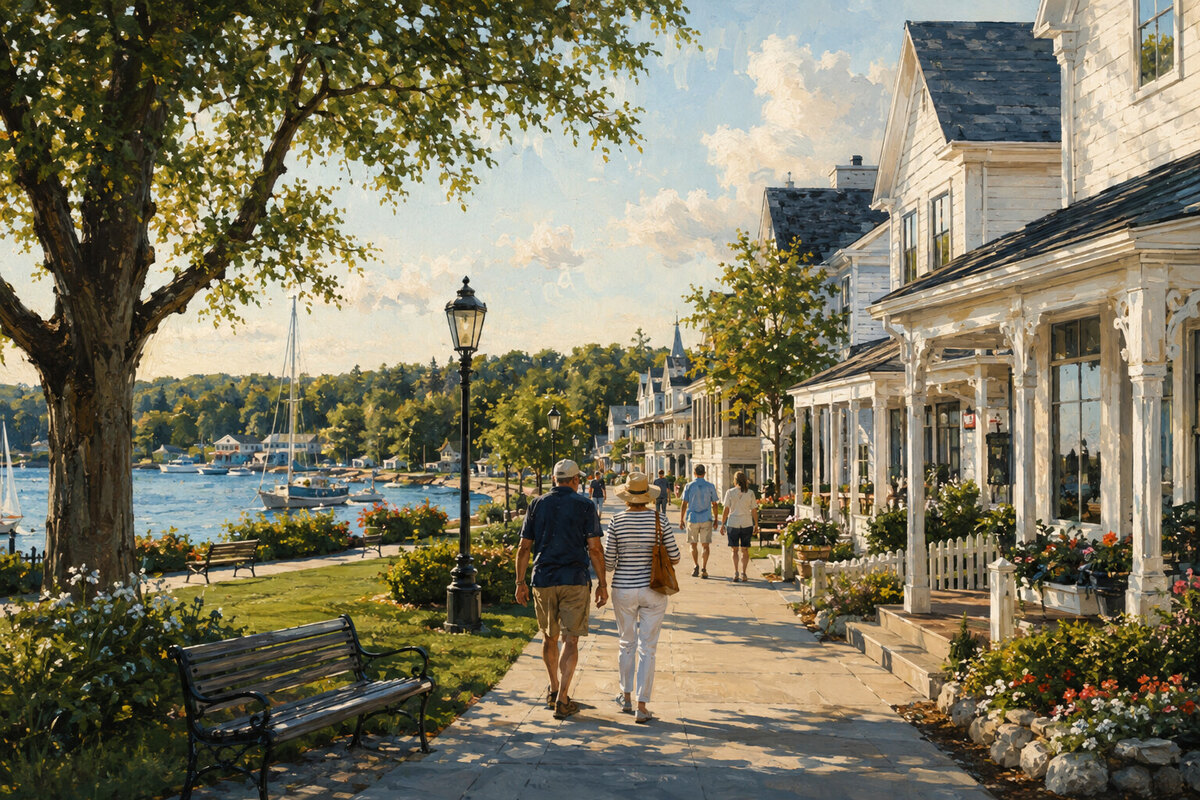 Painterly Ephraim shoreline walk with white village buildings and Eagle Harbor
