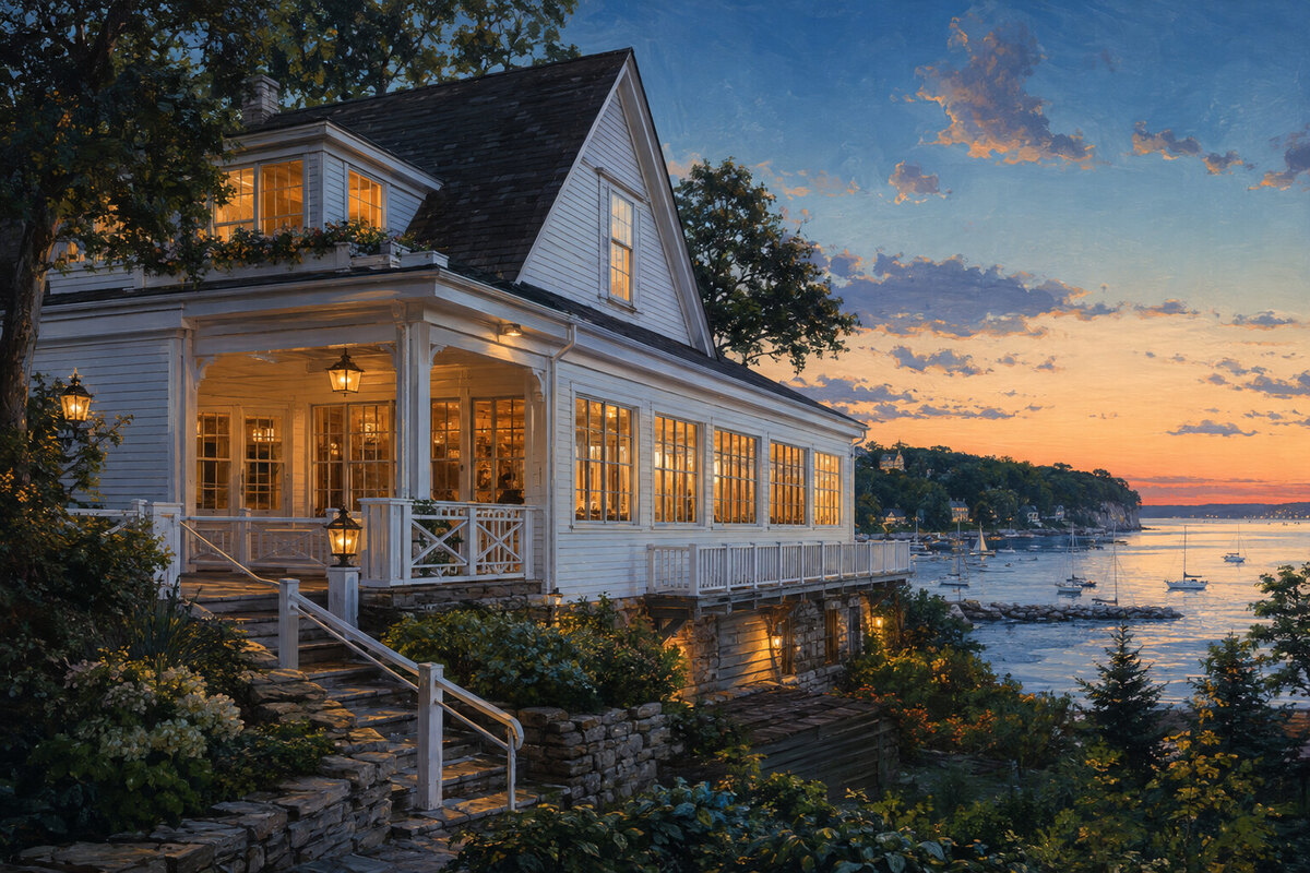 Painterly dinner beside Eagle Harbor at sunset