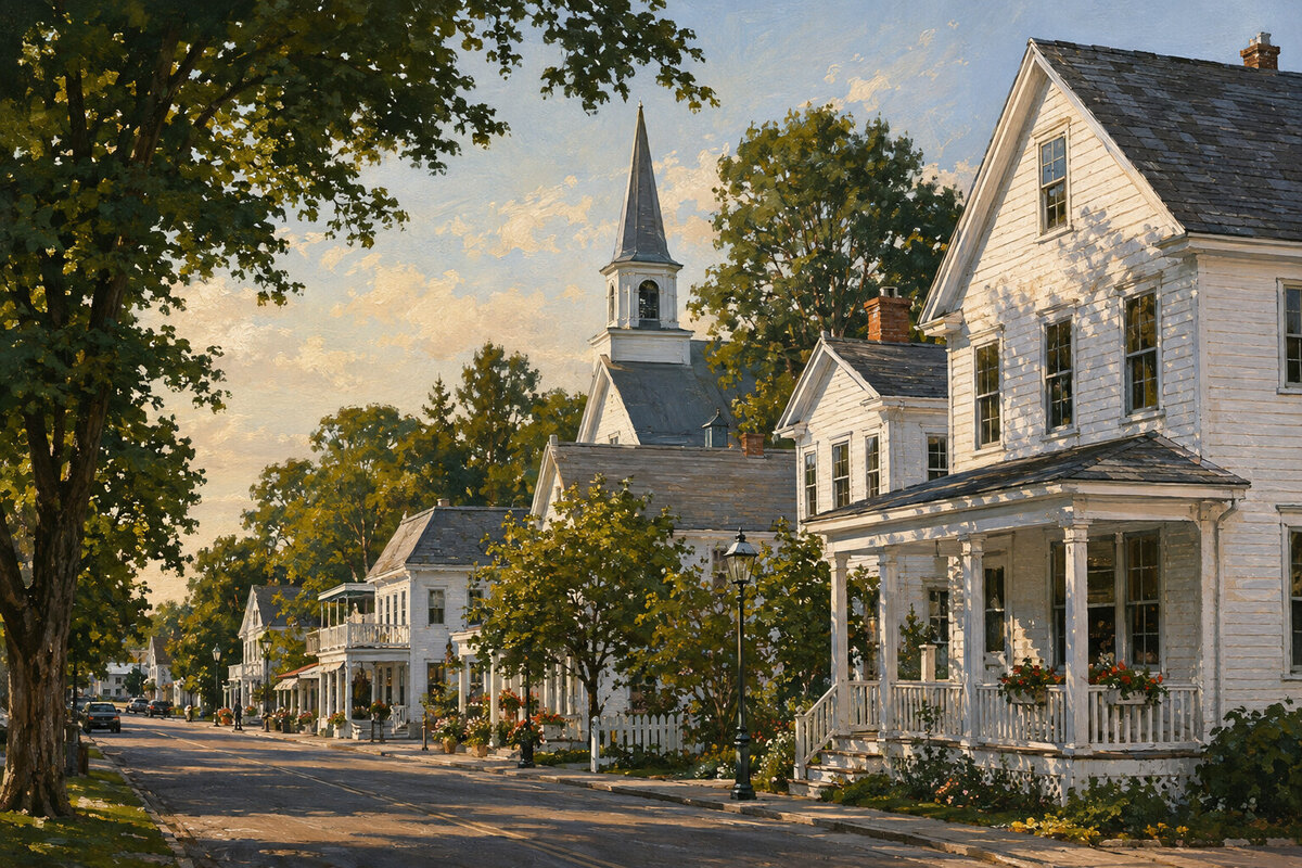 Painterly white buildings and church steeples in historic Ephraim