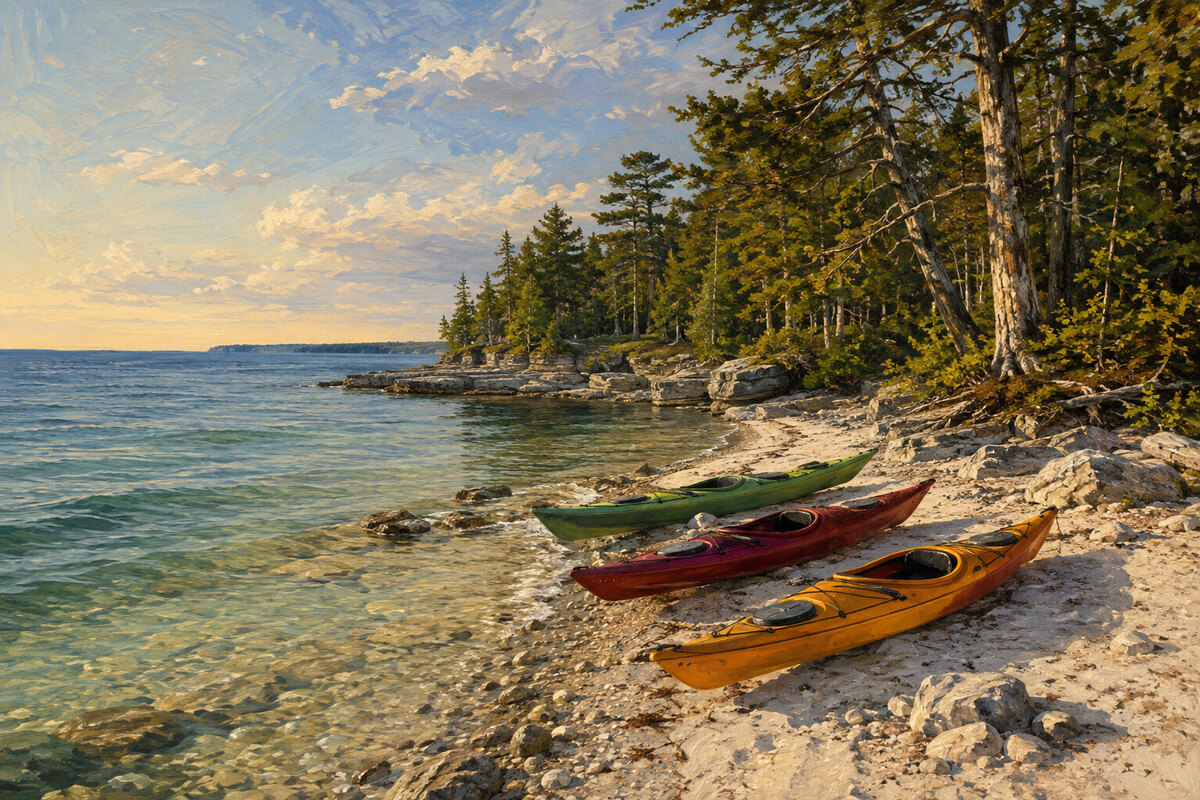 Painterly Nicolet Bay beach and kayaks in Peninsula State Park