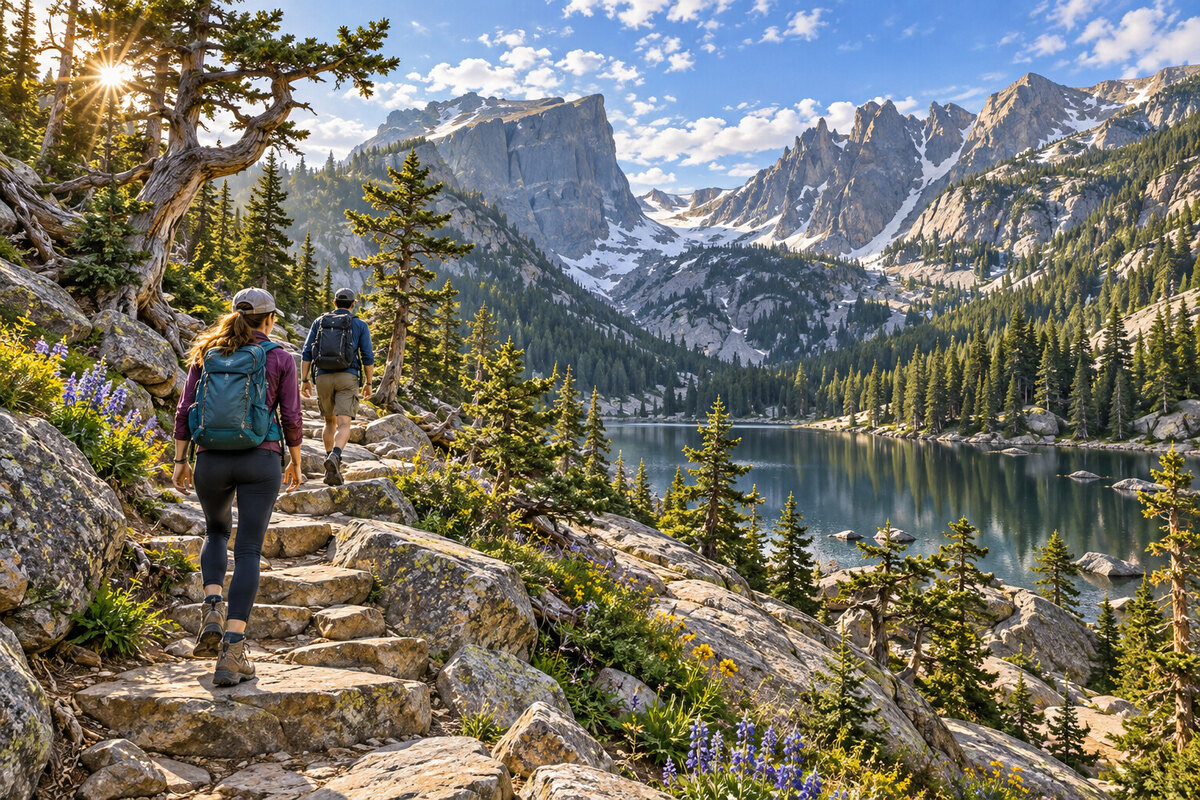 Painterly illustration of Dream Lake, the wooded shoreline trail, and mountain walls toward Tyndall Gorge.