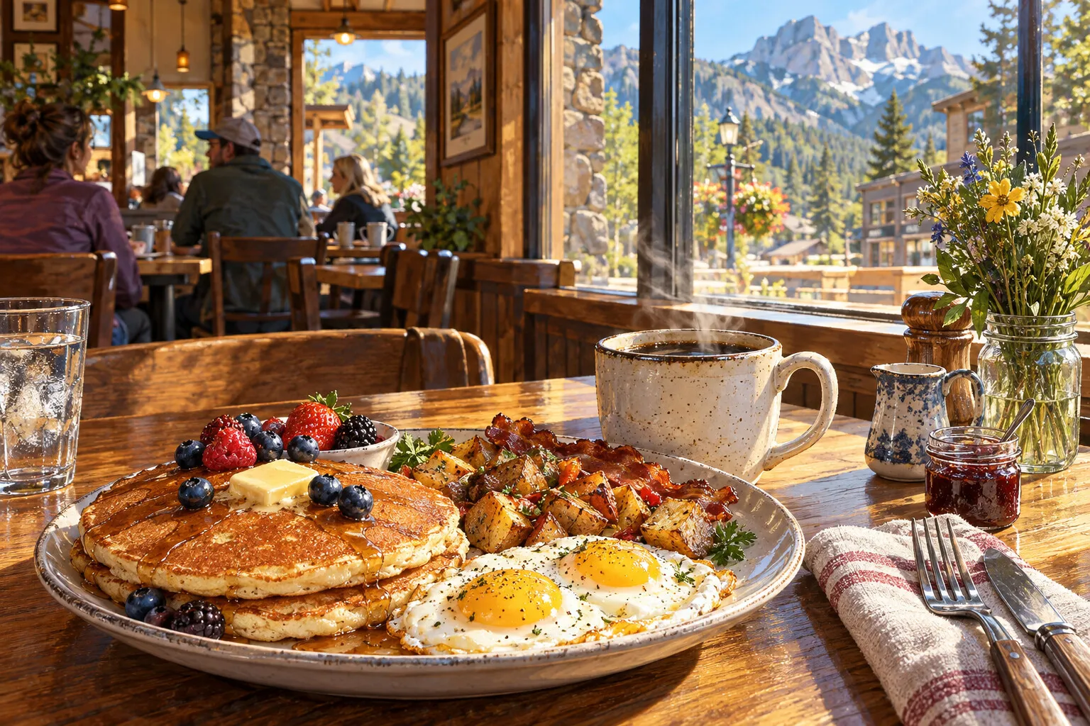 Pancakes, eggs, potatoes, and coffee beside a sunny mountain-town cafe window