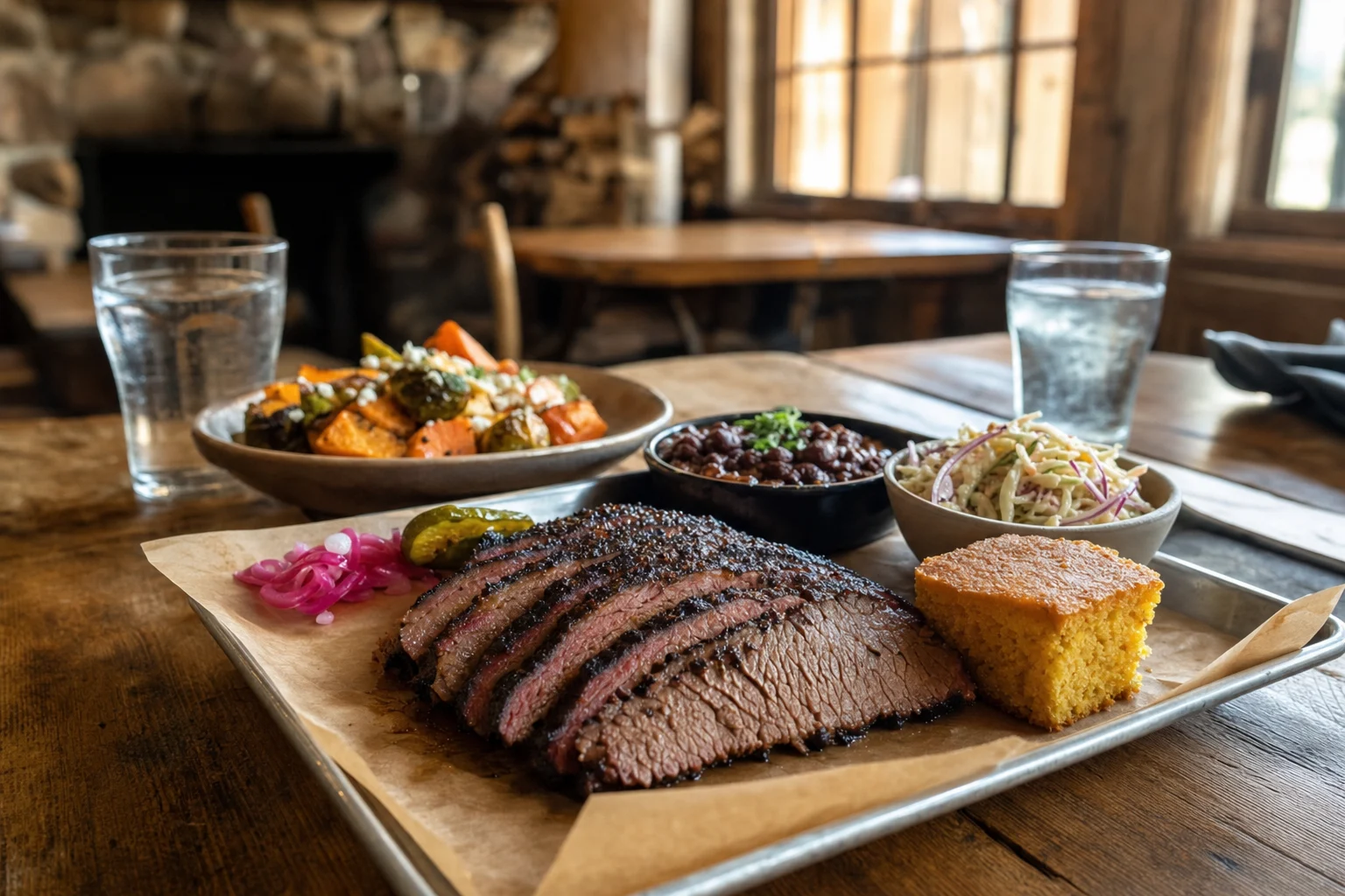 Barbecue brisket, vegetables, beans, and cornbread at a rustic mountain table