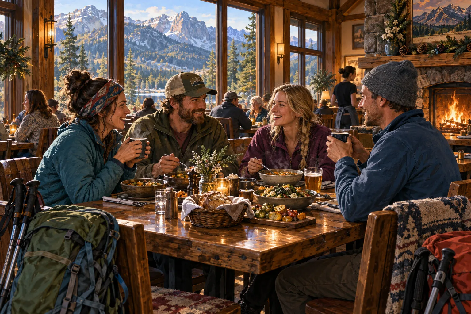 Four hikers sharing dinner at a rustic mountain restaurant beside a glowing fireplace