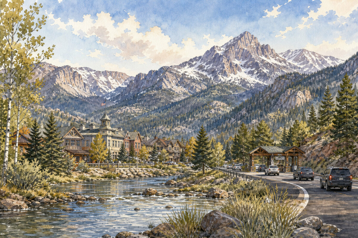 Watercolor illustration of Rocky Mountain timed entry and Estes Park day choices