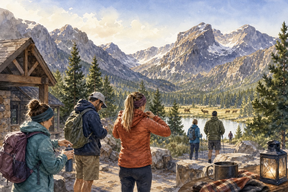 Watercolor illustration of Rocky Mountain timed entry and Estes Park recovery planning