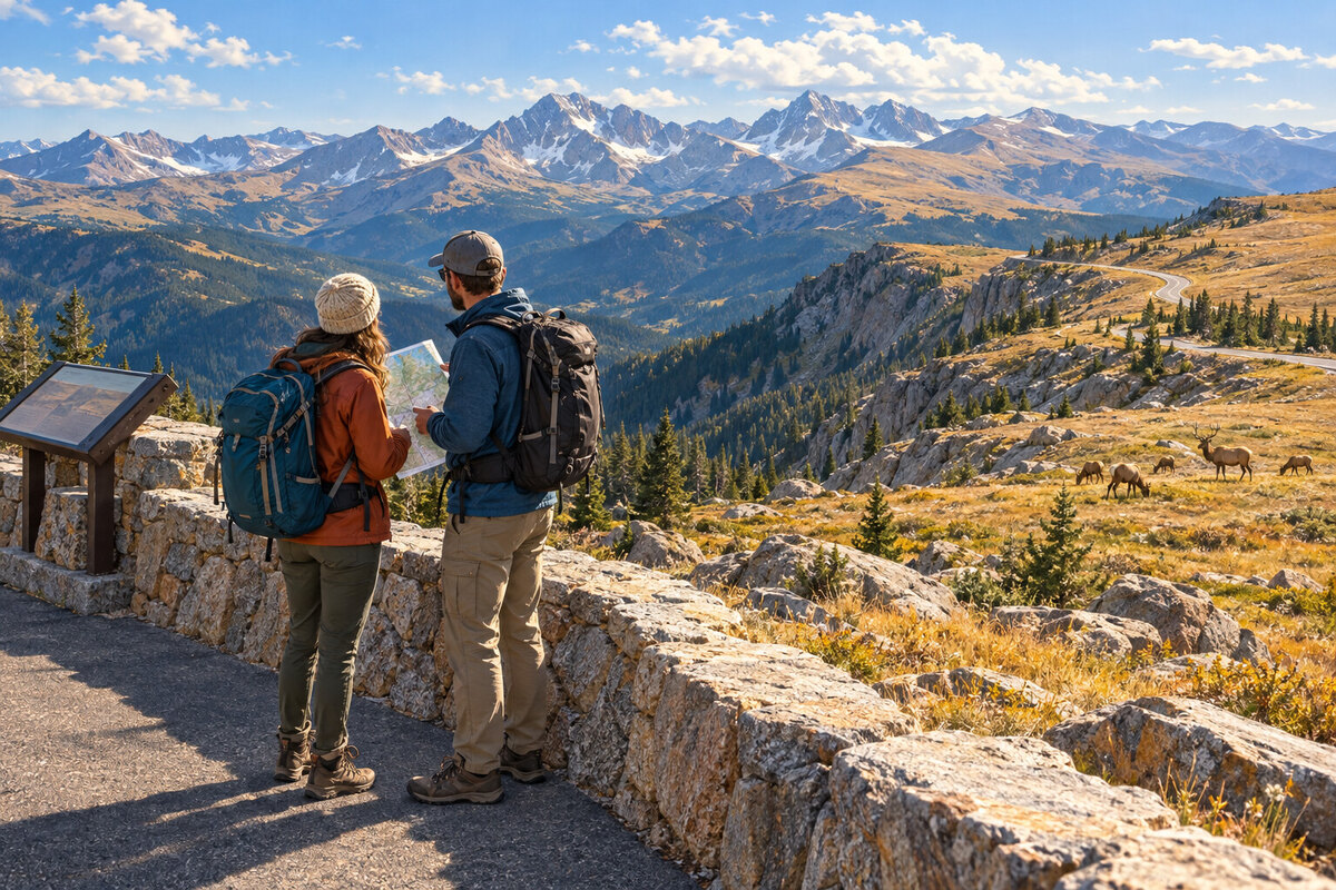 Painterly illustration of two visitors at a stone-walled alpine overlook, with tundra and distant Rocky Mountain ridges.