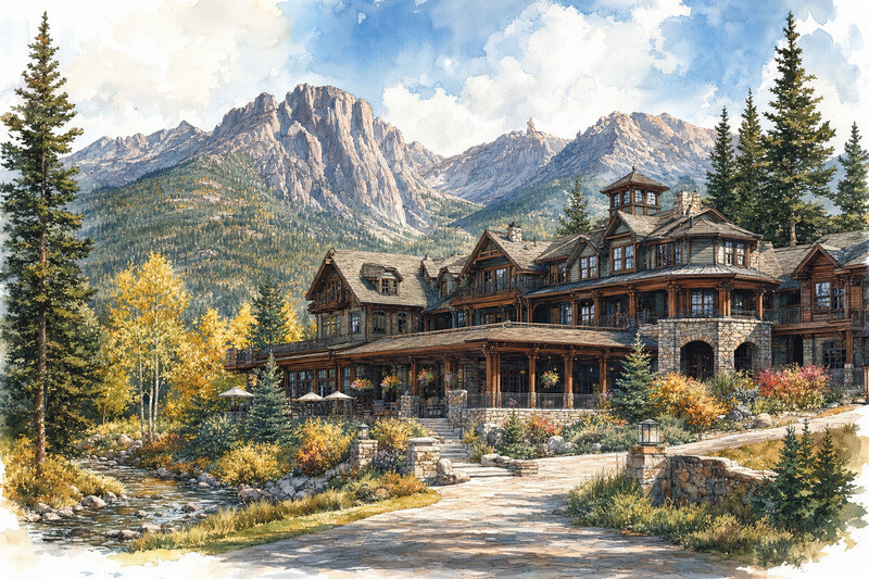 Estes Park downtown and mountain lodging scene