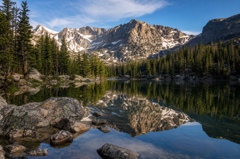 Alpine lake and mountain peaks in Rocky Mountain National Park