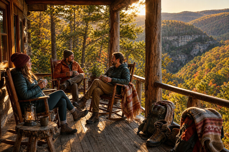 Trail gear on the porch of a contextual Appalachian cabin