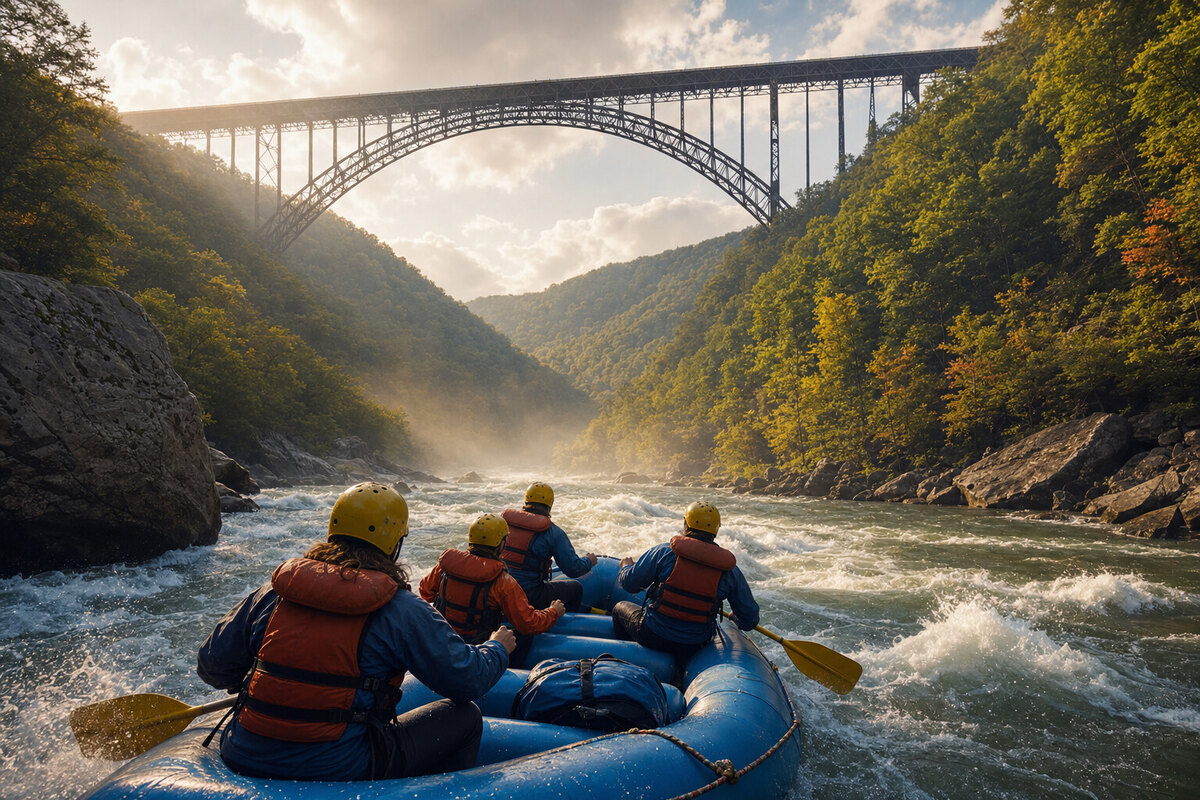Watercolor illustration of New River Gorge rafting and the bridge