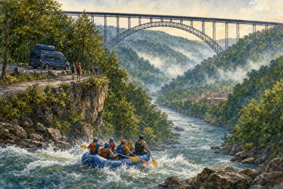 Watercolor illustration of New River Gorge rafting and bridge logistics