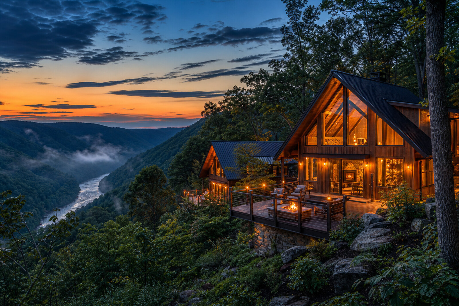 Cabins near New River Gorge at evening