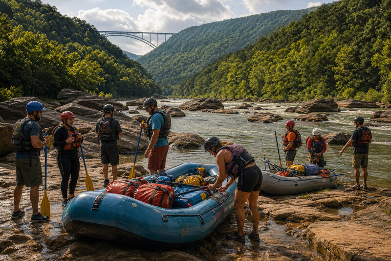 A raft, paddles, and personal flotation devices beside a gorge river