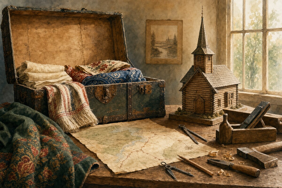 Contextual illustration of an immigrant trunk, textiles, tools, map, and log-church model representing Frankenmuth's 1845 settlement story