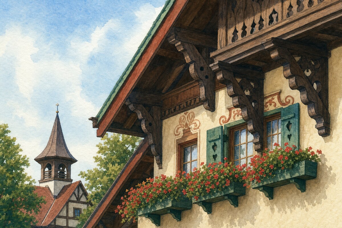 Contextual illustration of Alpine-style timber brackets, stucco, flower boxes, and a bell-tower silhouette