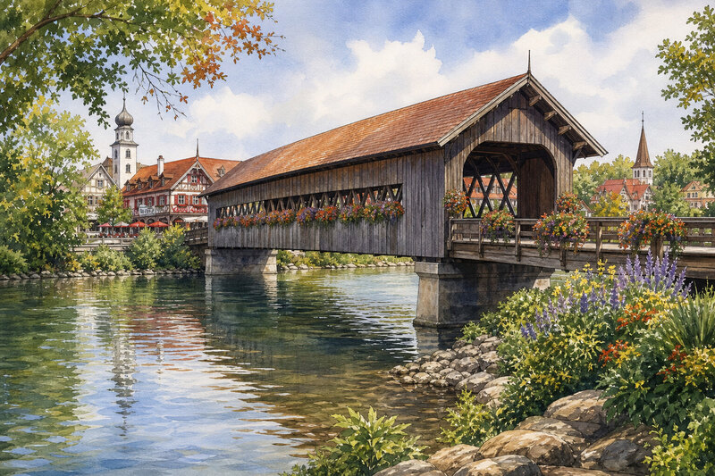 Arriving near Frankenmuth's covered bridge and village hotels