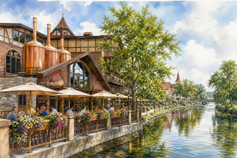 Relaxed Frankenmuth riverside patio meal