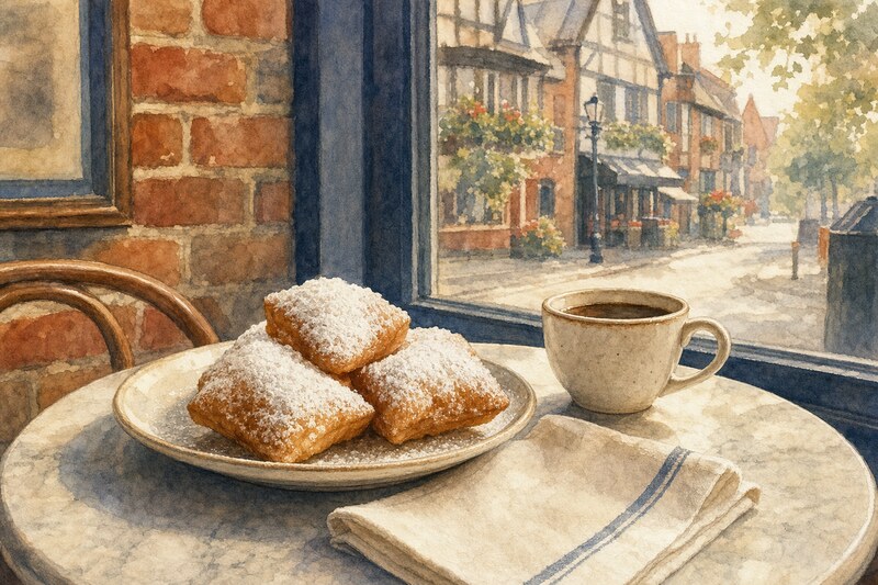 Contextual illustration of coffee and powdered-sugar beignets