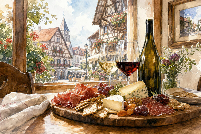 Contextual illustration of wine and a charcuterie board