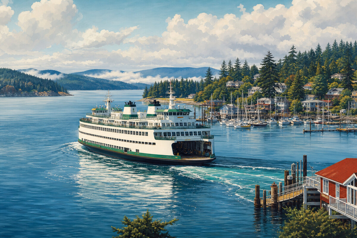 Washington State Ferry crossing the Salish Sea toward forested islands