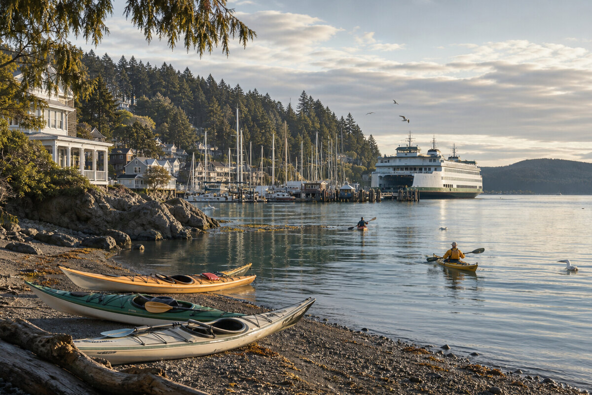 San Juan Island cove with evergreen shore and calm water