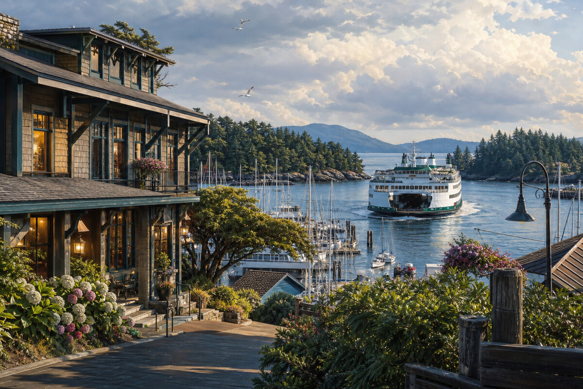 Quiet San Juan Island inn with garden and evergreen surroundings