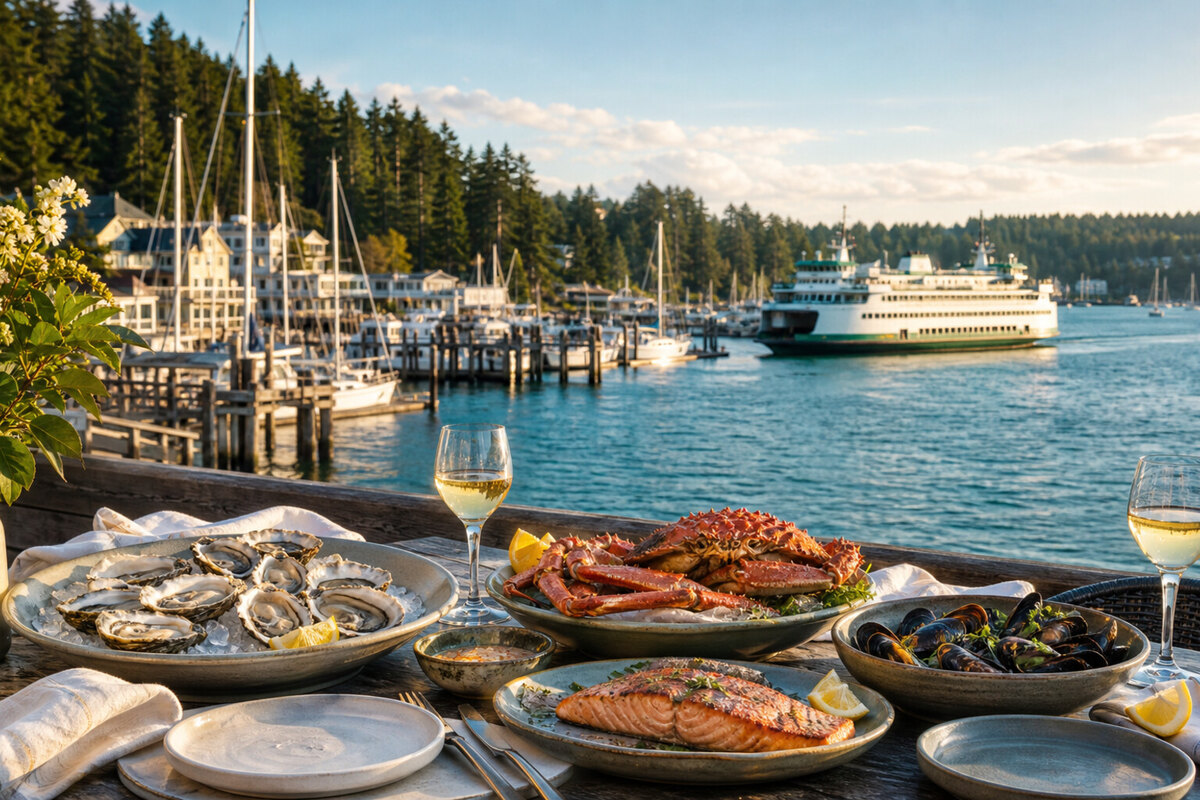 Seafood and coffee on a table near the Friday Harbor marina