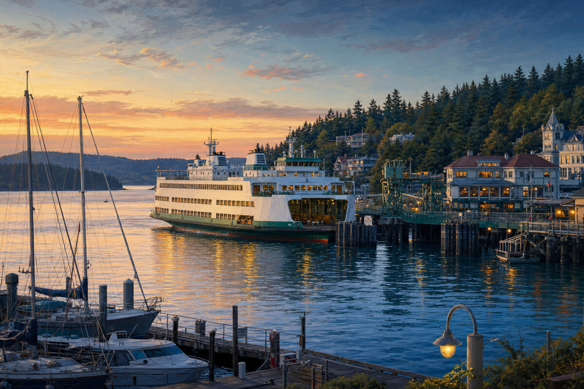 Friday Harbor marina and downtown at blue hour