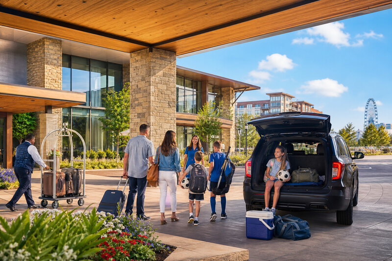 Frisco hotel arrival with family luggage