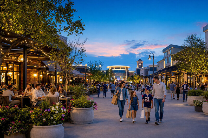 Frisco shopping and dining district at dusk
