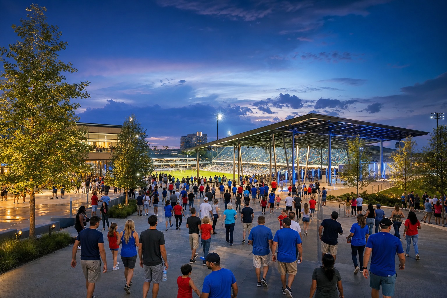 Contextual Frisco soccer stadium plaza at blue hour