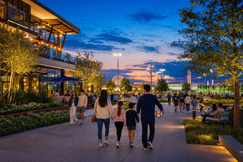Blue-hour Frisco sports weekend district