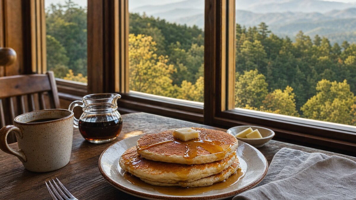 Pancakes and coffee with a Smoky Mountains morning view