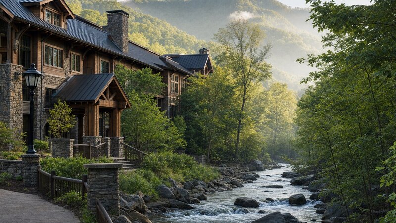 Unbranded riverfront lodge setting in Gatlinburg