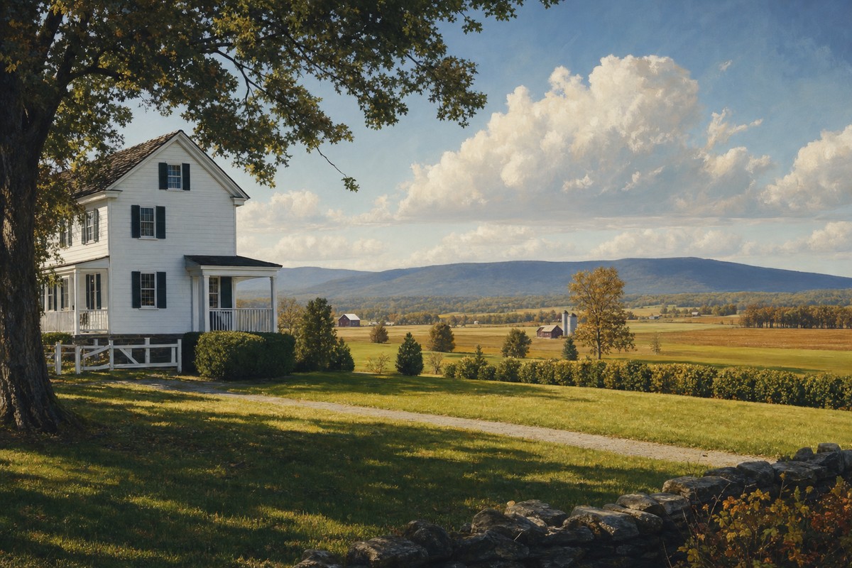 Contextual editorial view of farmhouse, lawn, fields, and South Mountain