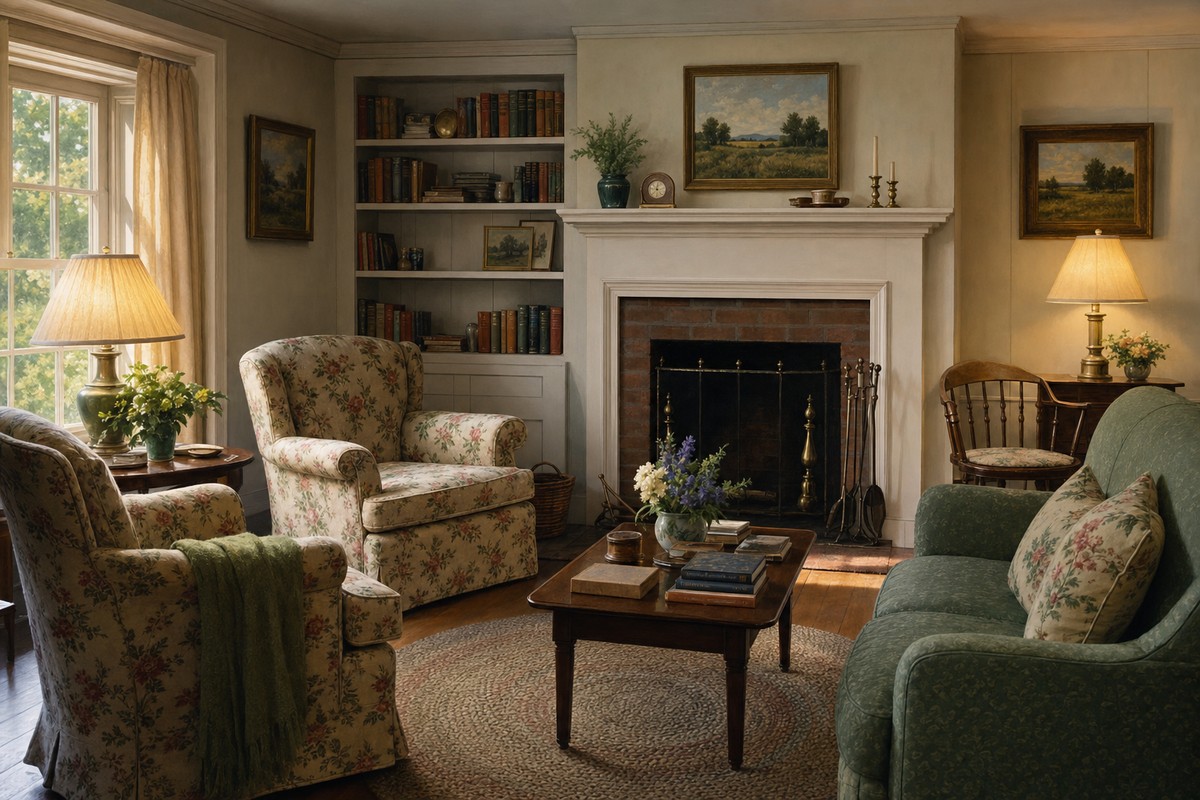 Contextual editorial illustration of modest 1950s farmhouse domestic life
