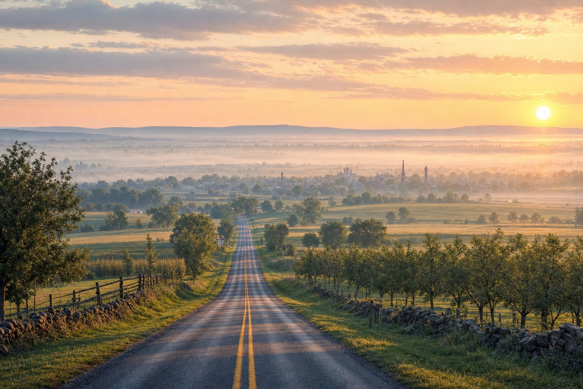 Adams County road and farm landscape in morning light