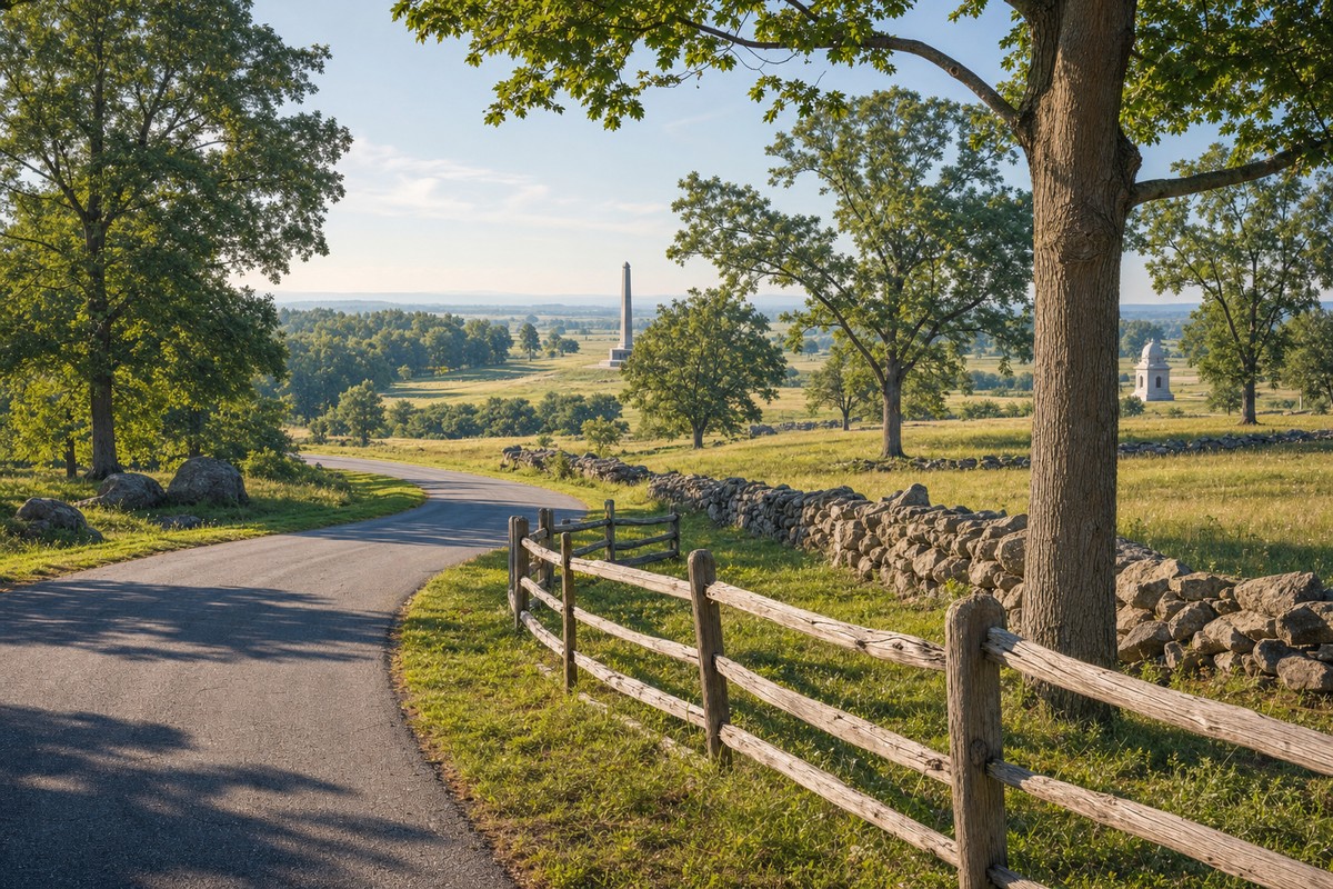 Gettysburg battlefield road curving past stone walls and split-rail fences