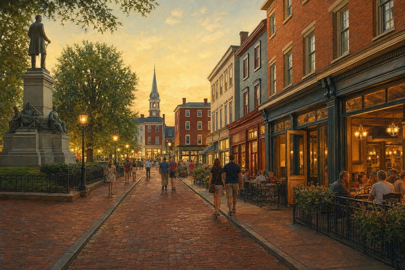 Lincoln Square and downtown Gettysburg in evening light