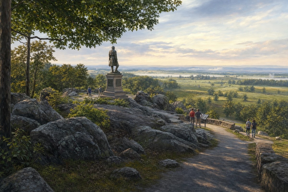 Contextual editorial view of rocks, paths, woods, and broad battlefield landscape