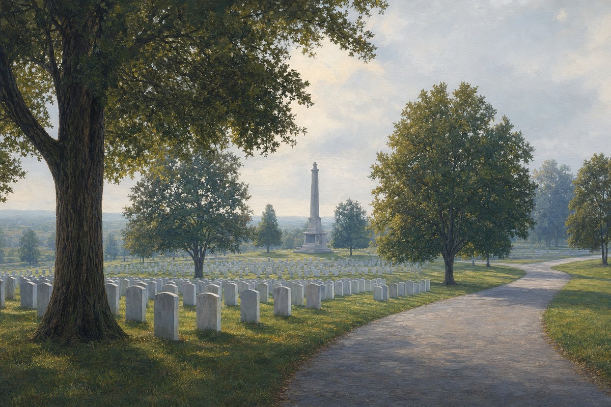 Tree-lined path and historic headstones in Gettysburg National Cemetery