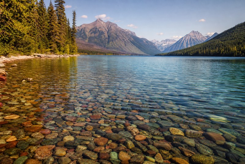 Lake McDonald shoreline and mountain peaks in Glacier National Park