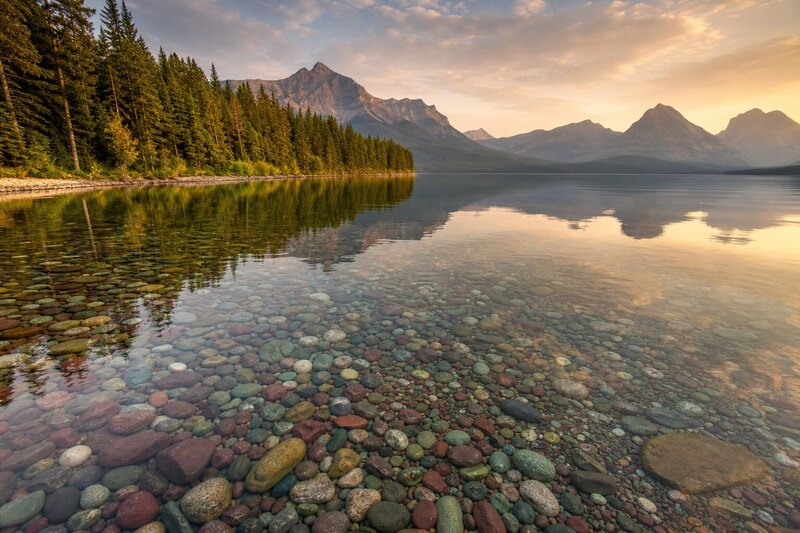 Lake McDonald stones and mountain reflections in Glacier National Park